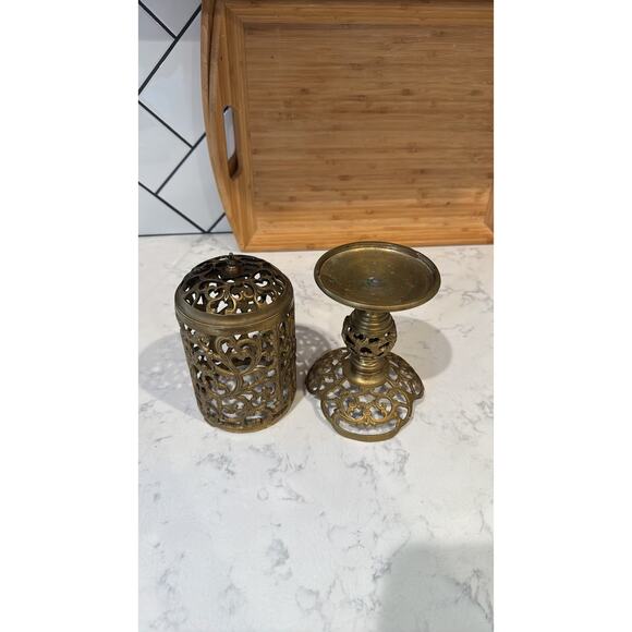 Reticulated Brass Pedestal Candle Holder Vintage Mid-Century Gothic Brass Decor - Picture 10 of 12